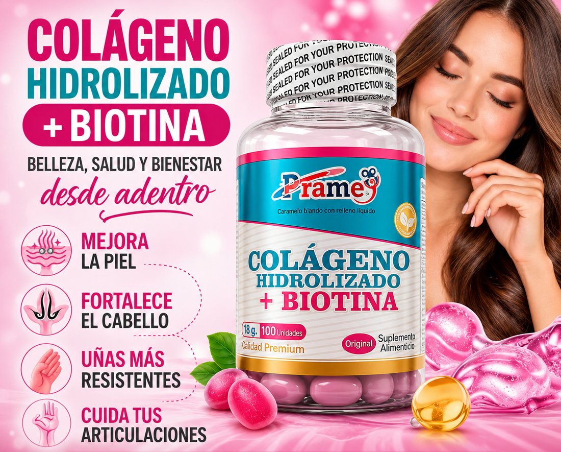 Colágeno Hidrolizado + Biotina Prame mejora piel, cabello, uñas y articulaciones