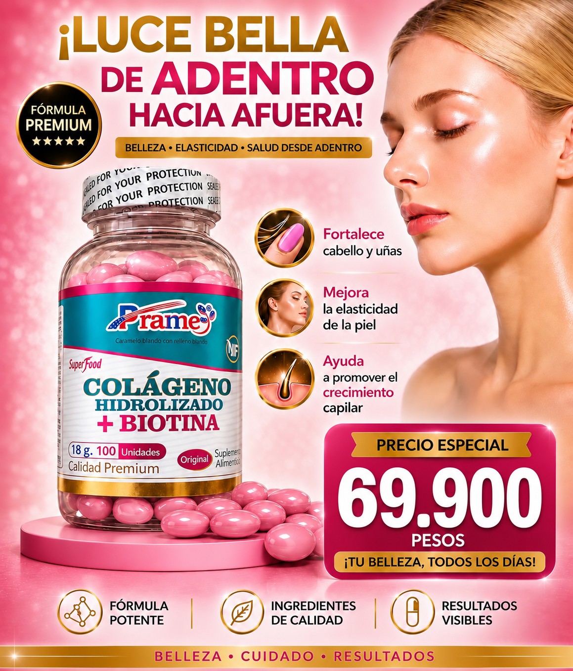 Colágeno Hidrolizado + Biotina Prame, luce bella de adentro hacia afuera